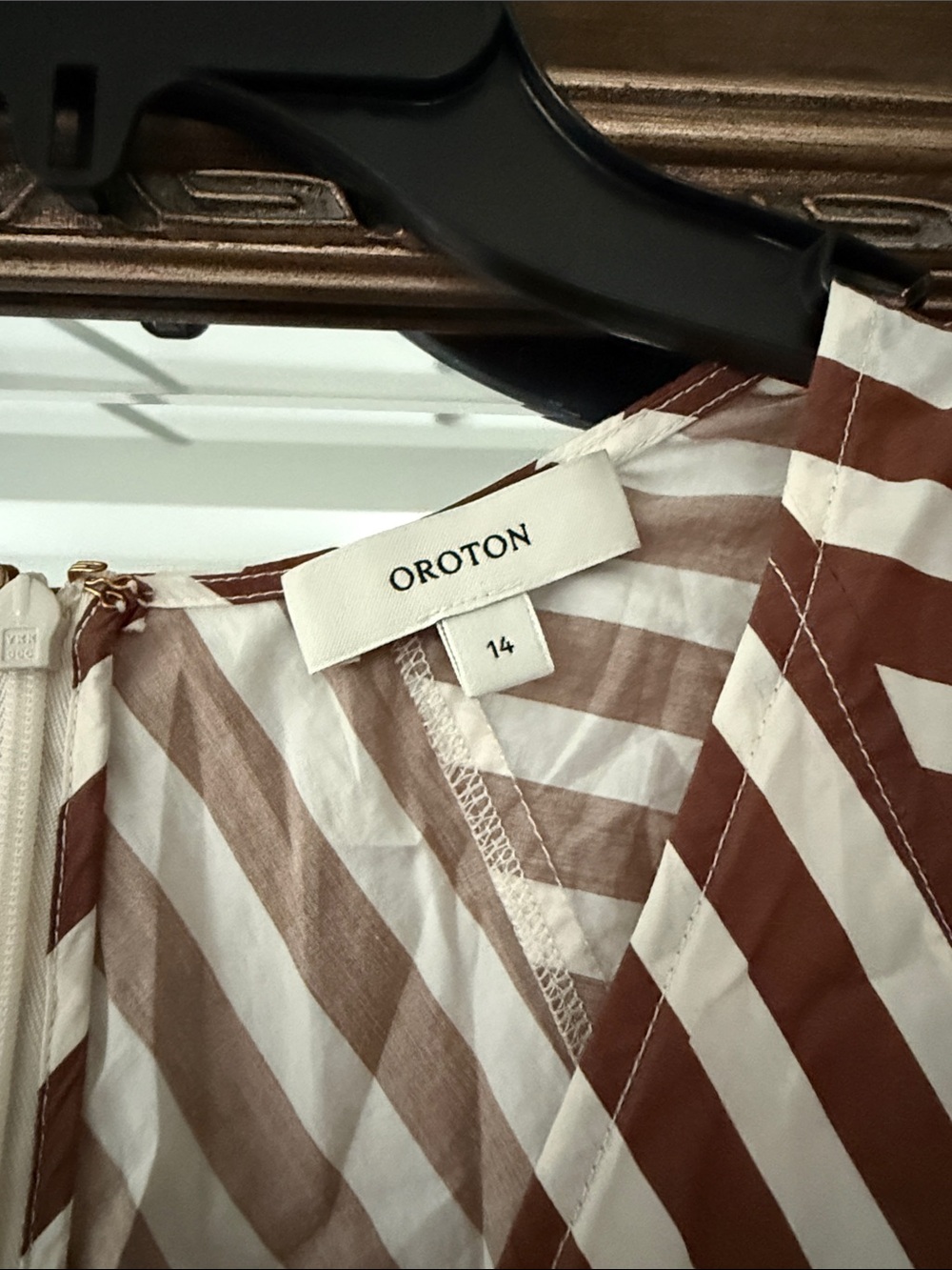 Oroton Midi Dress V-Neck Flutter Sleeve Brown & White Striped (US 10/AU 14) - Picture 7 of 9